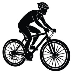Naklejka premium A male bicyclist riding a bicycle isolated against white background silhouette vector illustration. Sportsman in race. Giro, tour, competition. Man riding bicycle. Boy on bike. Biker outdoor race