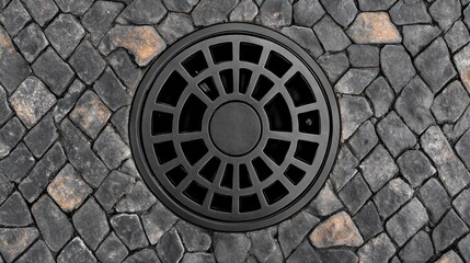 Obraz premium A Black Circular Manhole Cover on a Cobblestone Pavement