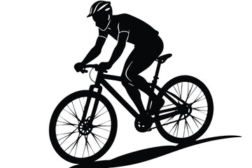 Obraz premium A male bicyclist riding a bicycle isolated against white background silhouette vector illustration. Sportsman in race. Giro, tour, competition. Man riding bicycle. Boy on bike. Biker outdoor race