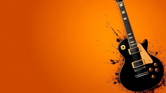 Black electric guitar with vibrant orange background and paint splashes, ideal for music themes