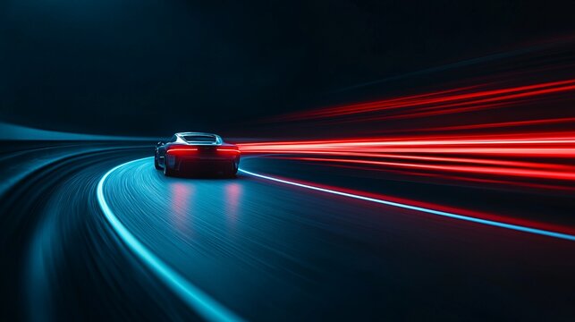 High-speed car racing on a dark winding road with light trails