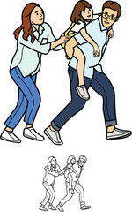 Family piggybacking fun Father, mother, and daughter playing together vector