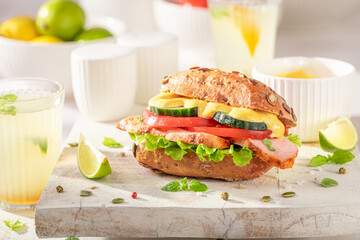 Fresh sandwich with curry chicken, chive and cheese.