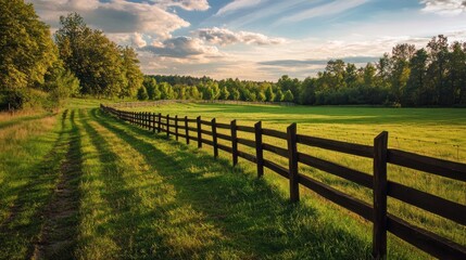 Serene Countryside, Wooden Fence, Lush Meadow, and Distant Trees under a Partly Cloudy Sky