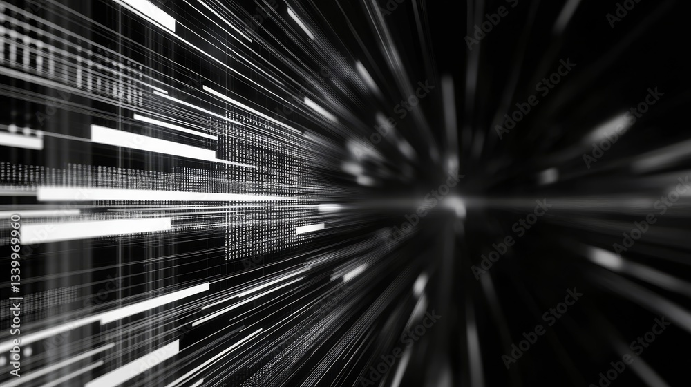 Poster abstract depiction of dynamic data flow with light streaks and digital elements in a dark background