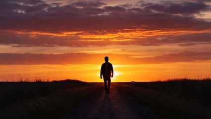 Obraz premium Silhouette of a person walking towards a vibrant sunset.