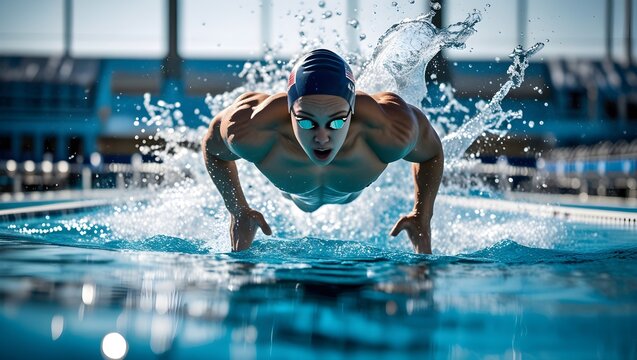 Powerful Swimmer Emerging from Water &ndash; Intense Focus and Strength

