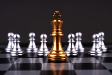 Golden chess king with silver pawn pieces in the background.  The golden chess king stood prominently on the chessboard, surrounded by rows of silver pieces