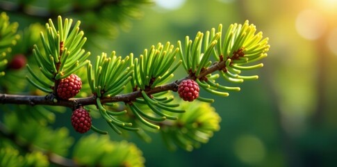 Mature pine branch with multiple cones, sunlit, needles, shadows, brown