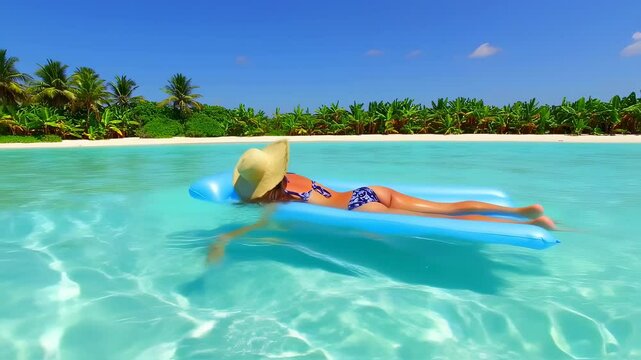 Woman in straw hat relaxes on inflatable mattress while floating in clear tropical waters