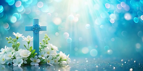 Baptism Card Template: Blue Cross & White Flowers, Bokeh Background
