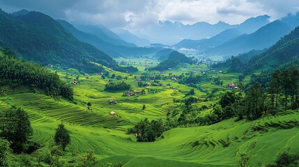 Fototapeta premium Panoramic view of Hmong farmers working terraced rice fields in the highlands of Vietnam the vibrant green fields cascading down the mountainside captured with prime lens