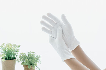 Hands Wearing White Cotton Gloves with Plants on White Background