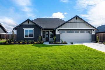 Obraz premium Modern one-story house with a lush green lawn under a clear blue sky.
