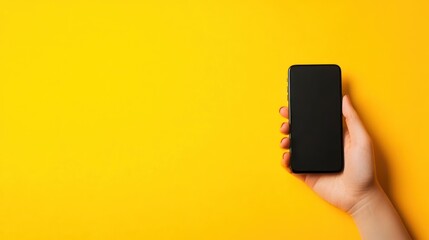 Smartphone Mockup: Yellow Background, Hand Holding Device, Blank Screen