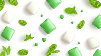 Refreshing Mint Gum Pattern: A vibrant image showcasing green and white chewing gum pieces scattered amongst fresh mint leaves on a clean white background, ideal for packaging or advertising.
