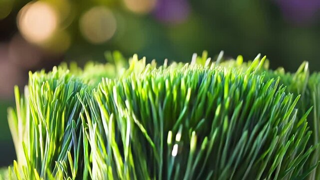 A close up of green grass with a bright sun shining on it. The grass is lush and healthy, and the sunlight makes it look even more vibrant