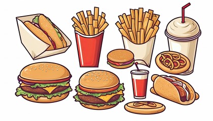 A set of various fast food icons drawn in a linear style. 9