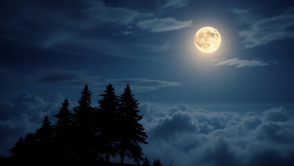 Tranquil Moonlit Night: Serene Landscape with Starry Sky and Silhouetted Trees in Nature Photography