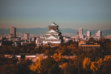 Osaka Castle Surrounded by Autumn Foliage with Modern City Skyline