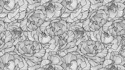 Abstract Floral Waves Delicate Line Drawing Peony Flowers Black and White Sophisticated Intricate Wavy Lines Decorative Monochrome Vector Seamless Pattern © ilonitta