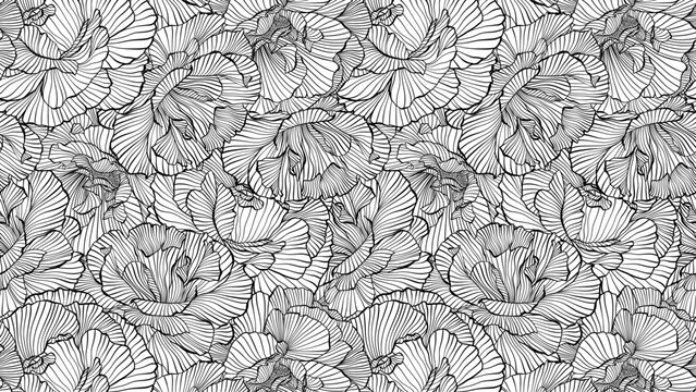 Abstract Floral Waves Delicate Line Drawing Peony Flowers Black and White Sophisticated Intricate Wavy Lines Decorative Monochrome Vector Seamless Pattern