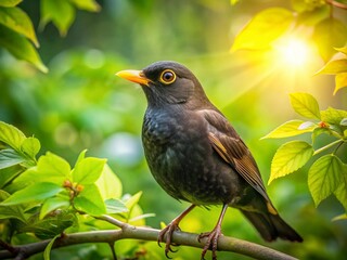 Blackbird on Branch, Bird on Tree, Garden Bird, Wildlife Photography, Nature Image
