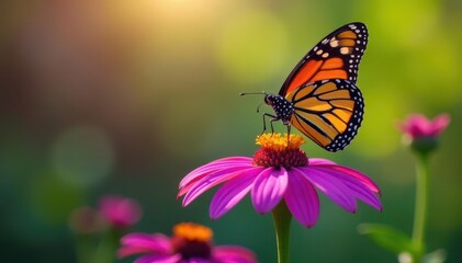 Obraz premium Monarch butterfly on vibrant purple coneflower, butterfly, macro, flower