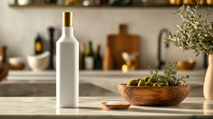 Fototapeta premium Elongated White Ceramic Olive Oil Bottle with Gold Stopper, Marble Kitchen Island, Green Olives in Bowl. Copy space. Fine dining. Generative AI 