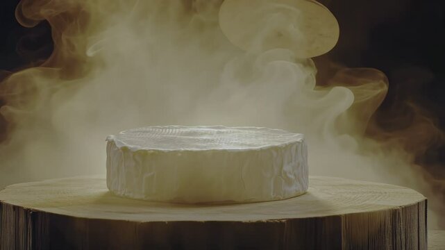 Creamy brie cheese on rustic wooden board with smoky background