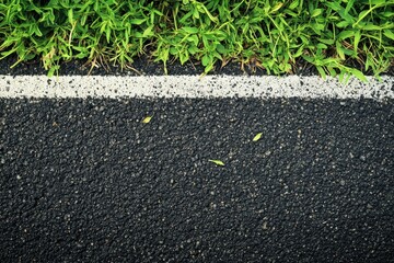 Fototapeta premium Close-up of road marking with adjacent grass in urban setting.