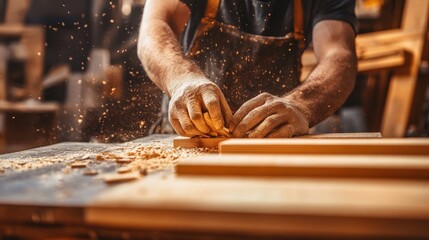 Carpenter with gloves sanding wood, sawdust flying in workshop. Show craftmanship, skill and attention to detail in woodworking projects.