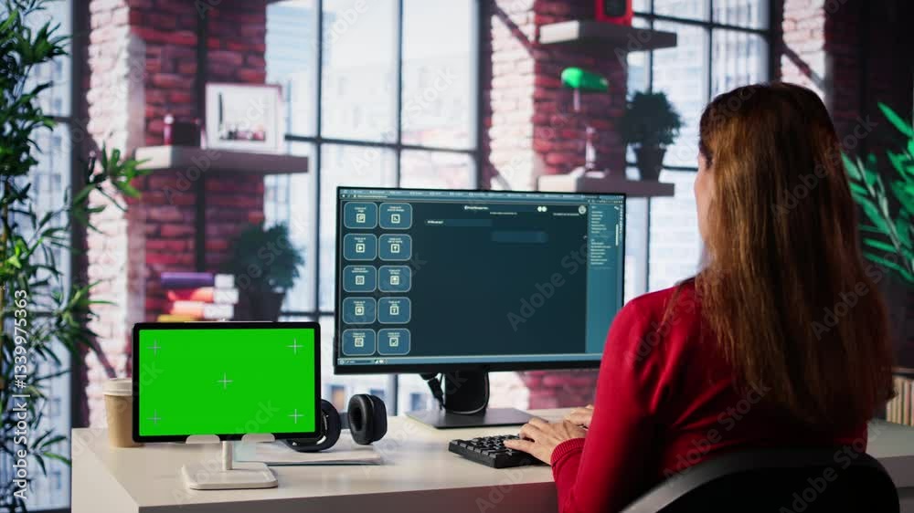 Poster woman interacting with intelligent ai chatbot next to mockup display, using innovative system. machi