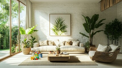 A light filled living room with plants and contemporary furniture