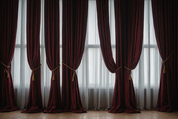 Rich burgundy theater-style curtains slightly parted, revealing a blank background