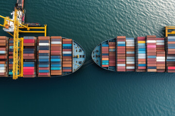 Two large container ships are meeting in the open ocean, symbolizing international trade, import/export operations, potential tariffs, trade regulations, and geopolitical implications