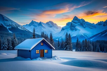 Fototapeta premium Blue Cabin Snow Mountain Winter Silhouette Landscape Photography