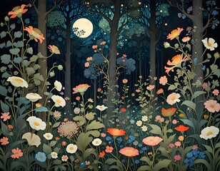 magical art nouveau forest night scene with wildflowers growing under a full moon