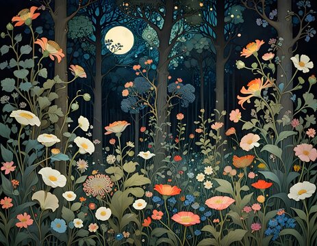 magical art nouveau forest night scene with wildflowers growing under a full moon