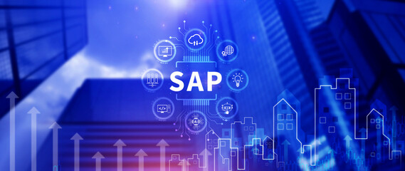 SAP system concept, SAP System Application Products, Business process automation and management software concept, management solutions.