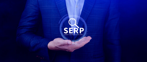 SERP, Search Engine Result Pages concept, magnifying glass with text SERP, can be used for...