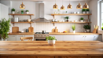 Bokeh Family Dining Room: Minimalist Kitchen & Wooden Table Stock Photo