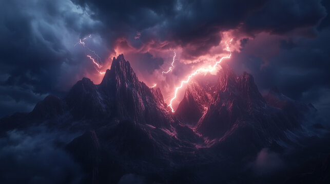 A powerful thunderstorm rolling over a rugged mountain landscape, dark storm clouds swirling above jagged peaks.