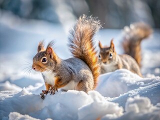 Fototapeta premium Brave Winter Squirrels: Snowy Landscape Food Search, Resilience & Resourcefulness