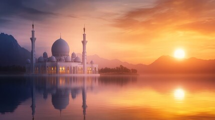 Obraz premium Serene Sunset over the Majestic Mosque by the Lake
