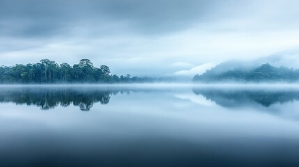 Fototapeta premium Misty Lake Reflections: Serene Morning in the Rainforest