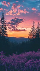 Tranquil landscape at twilight with flowers and pastel colored sky