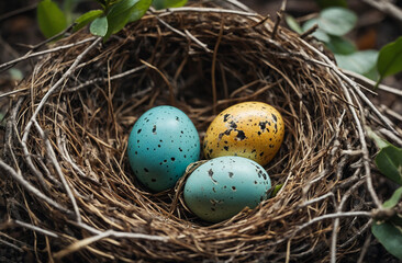 Obraz premium close-up of a bird's nest with eggs, symbolizing new life