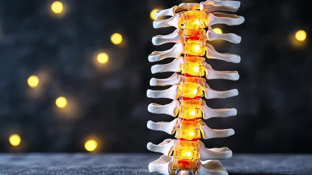 Illuminated spine model with warm bokeh background