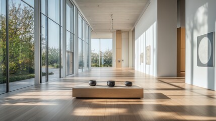 Contemporary museum gallery with natural light and minimalist artworks